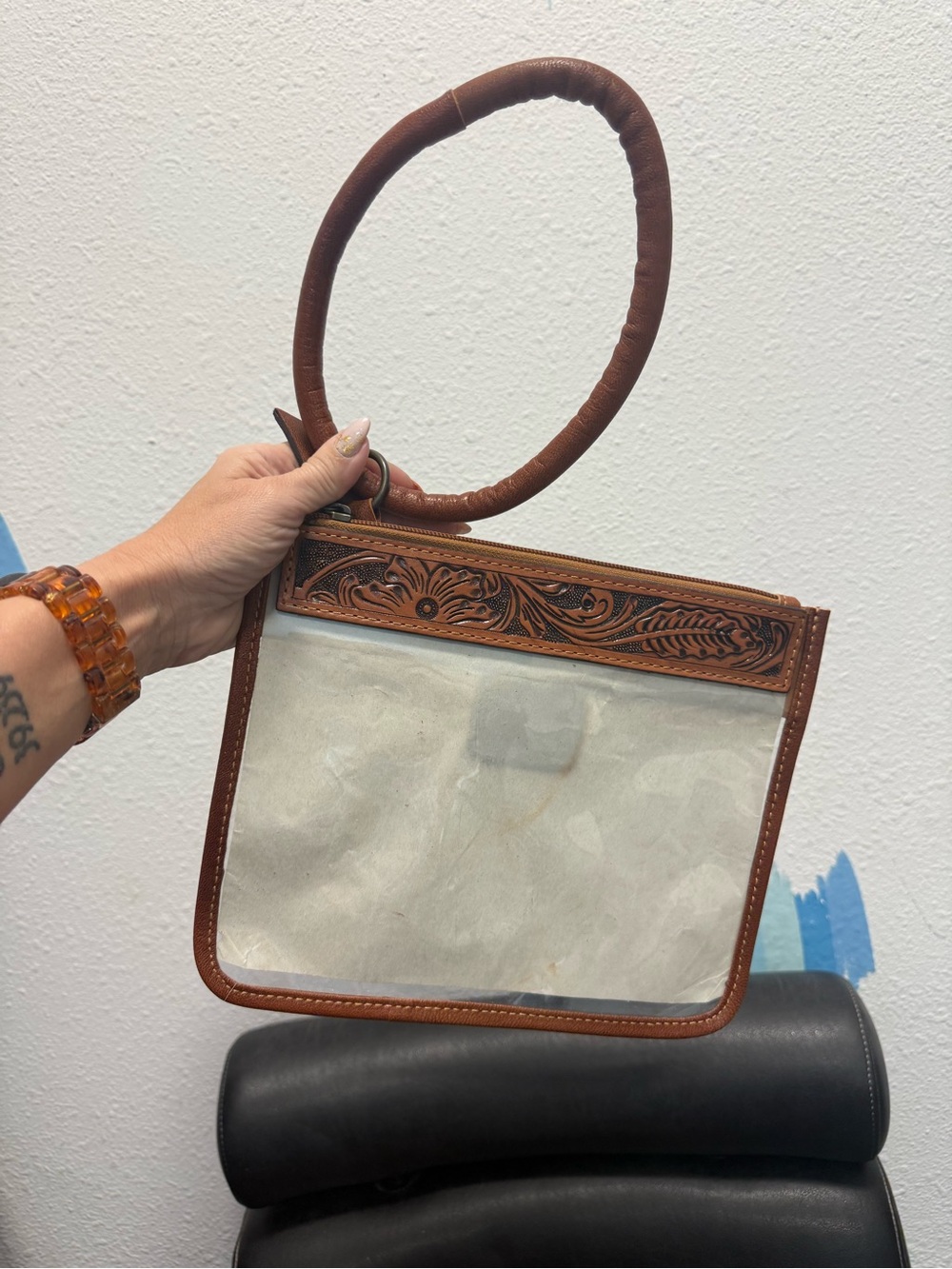 American Darling Clear Panel Wristlet with Brown Tooled Leather Trim
